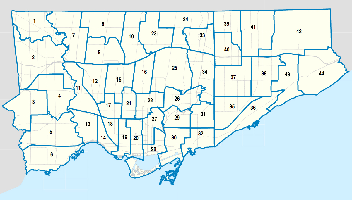 Les 44 quartiers électoraux («wards») de Toronto. Les quartiers 1 et 2 couvrent Etobicoke Nord.