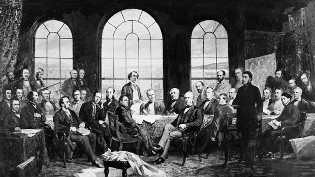 Réunis à Québec, les dirigeants de l’Ontario, du Québec, du Nouveau-Brunswick et de la Nouvelle-Écosse se dotent d’un gouvernement fédéral en signant l’Acte de l’Amérique du Nord britannique qui entrera en vigueur le 1er juillet 1867.