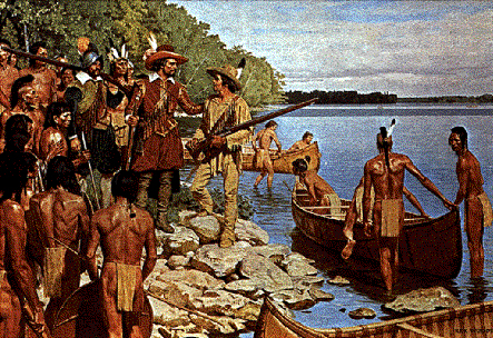 Samuel de Champlain et Étienne Brûlé arrivant chez les Hurons-Wendats de la Baie Georgienne.