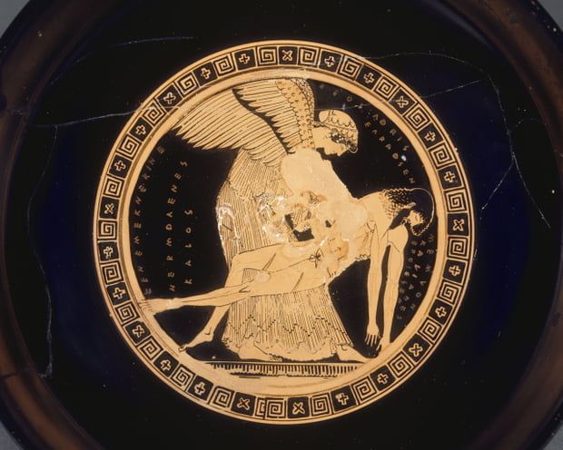 Eos (l'Aurore) recueillant le cadavre de son fils tué par Achille, sur une coupe grecque. p. 6-7.