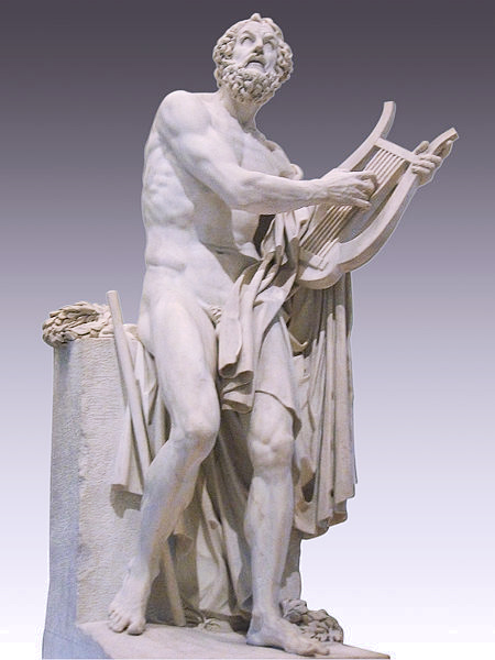 Homère, un poète de la Grèce ancienne toujours d'actualité : Statue en marbre de Philippe-Laurent Roland, 1812. Homère tient une phorminx.