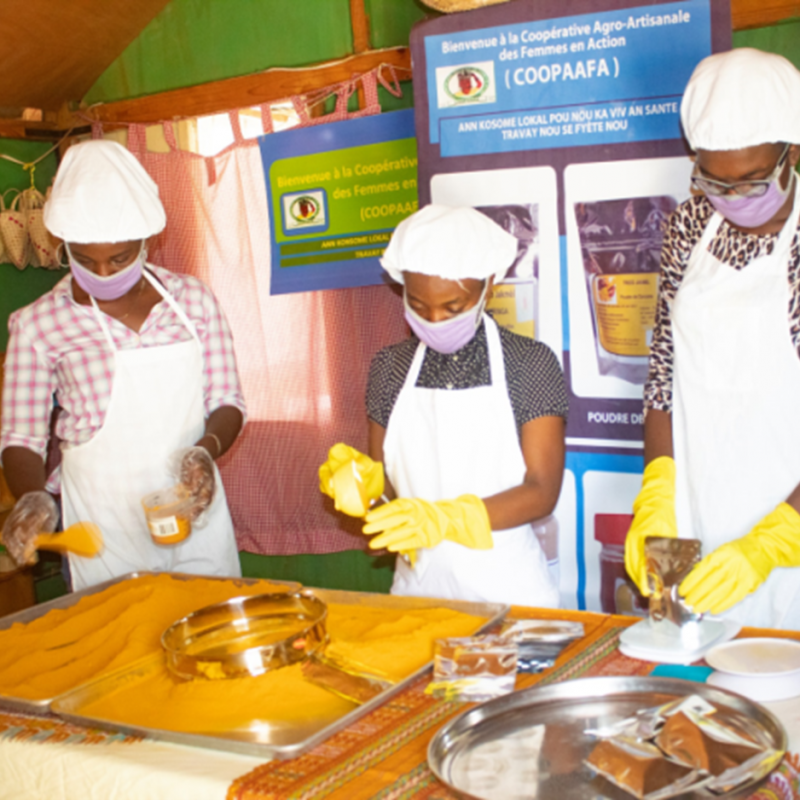 Stagiaires de la Faculté des Sciences Agronomiques de l’ UPSEJ faisant la mise en sachet de la poudre de curcuma.