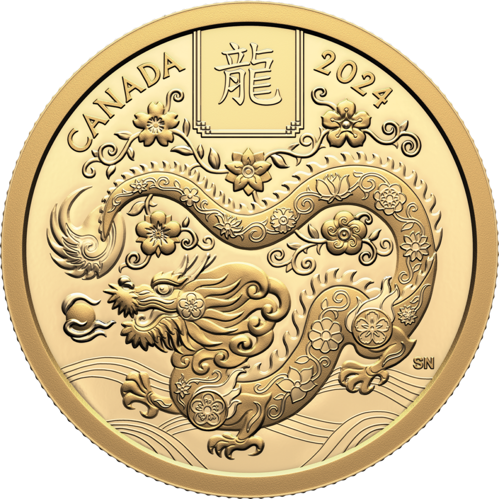 La pièce de 100$ en or de la Monnaie canadienne pour l'année du dragon.