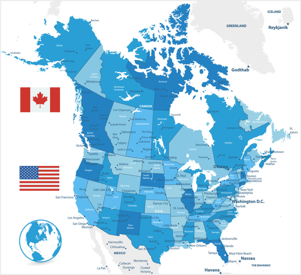 Les provinces canadiennes et les états américains, Canada États-Unis USA